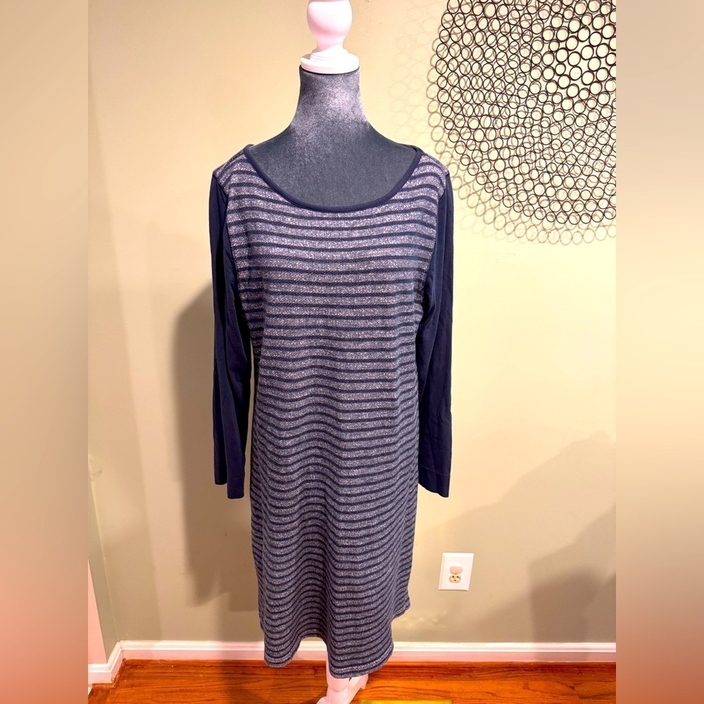 Talbots Striped Navy and Gray 37” Long Sleeve Dress